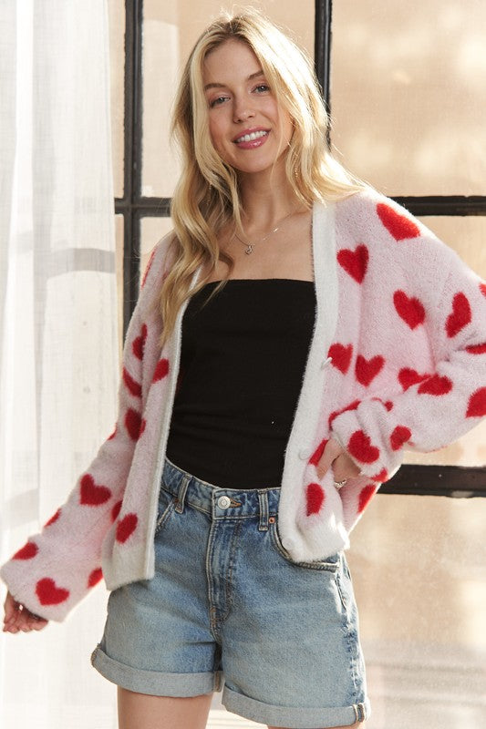 ADORA Fuzzy Heart Button Down Cardigan