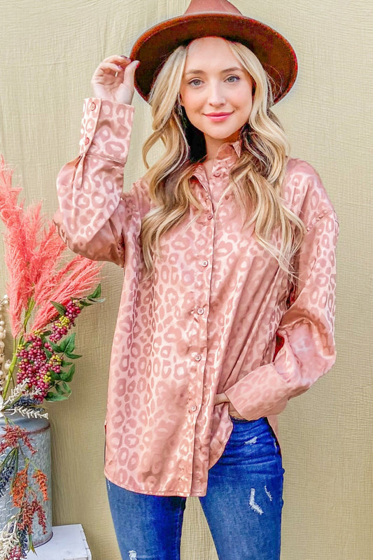 And The Why Satin Leopard Button Up Curved Hem Shirt